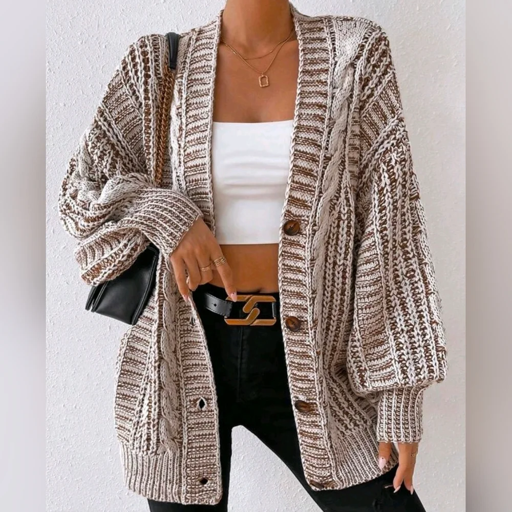 New Boho Chunky Cable Knit Cardigan Sweater Cream White Brown - Picture 1 of 10